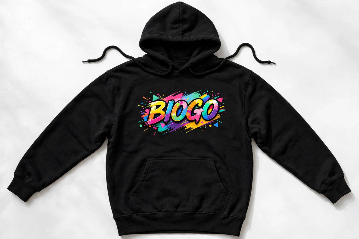 Black BioGo hoodie with vibrant logo