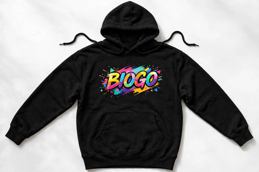 Black BioGo hoodie with vibrant logo