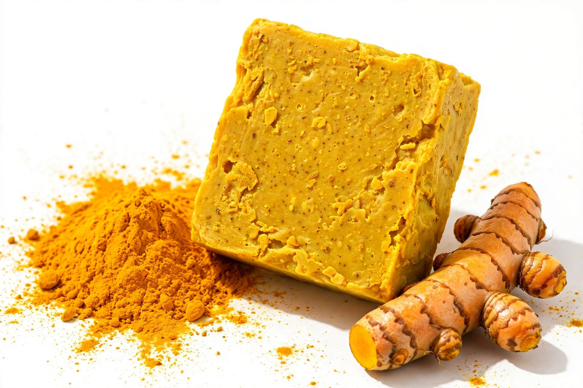Handcrafted turmeric soap bar with turmeric powder and fresh turmeric root